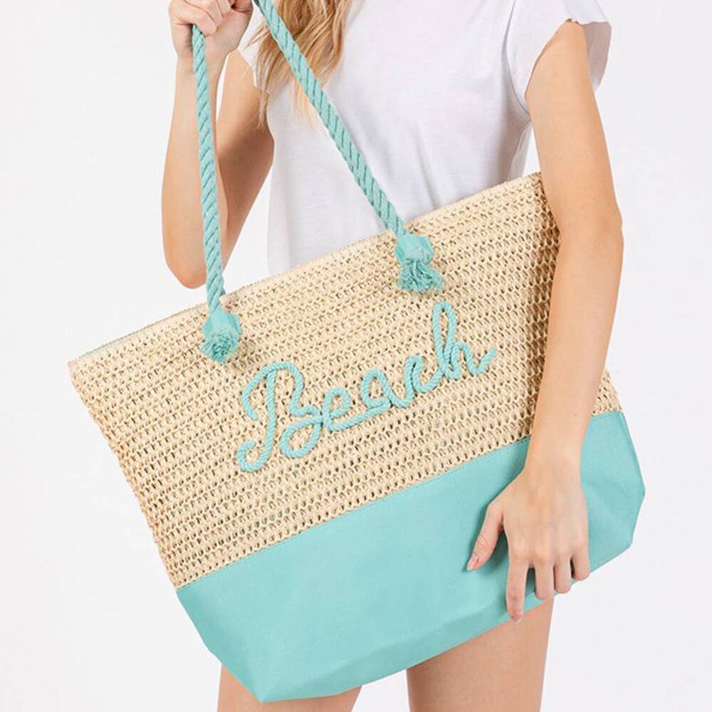 Crochet & Color-Sewn Rope Beach Tote Bag in Blue